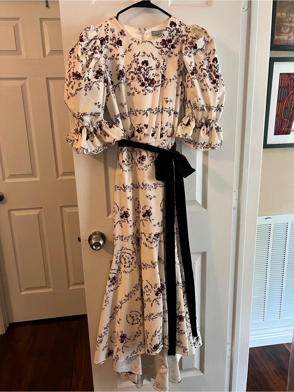 Cream Floral Puff-Sleeve Maxi Dress with Black Sash
